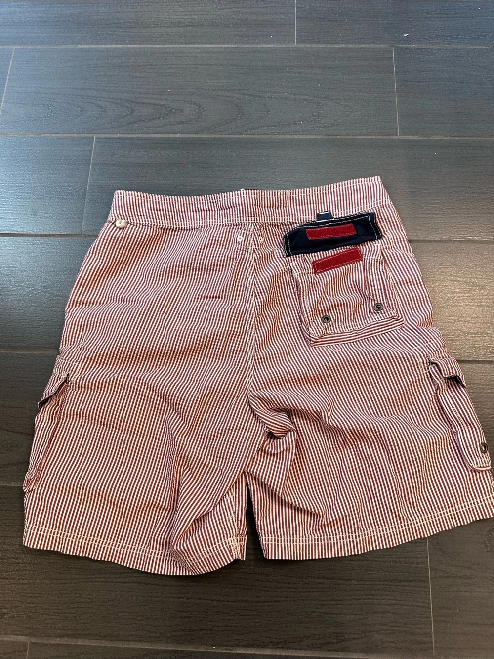J. Crew Men’s Vintage Red and White Striped Seersucker Board Shorts